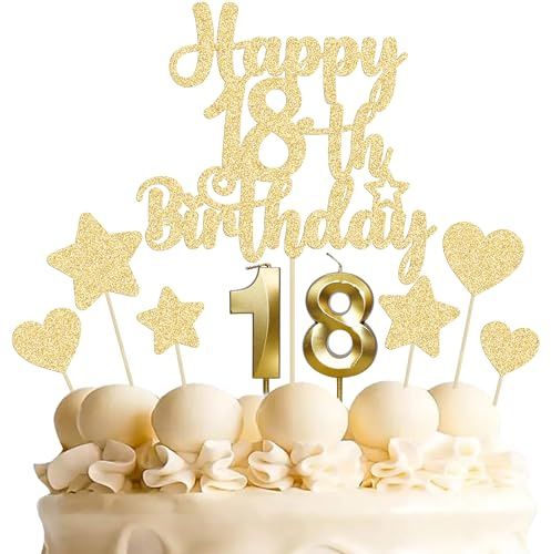 Gyufise 15Pcs Happy 18th Birthday Cake Topper Set with Heart Star Glitter Cheers to 18 Years Cake Picks Number 18 Candles Cake Decorations for Happy 18th Birthday Anniversary Party Supplies Gold