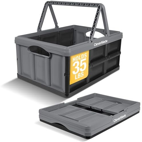 CleverMade Collapsible Shopping Basket 32L – Folding Grocery Basket with Handles, Stackable Reusable Storage Crate with 35 lb Capacity, Recycled Plastic, Car Trunk Organizer - Stone Gray
