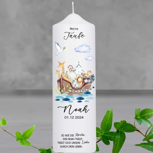 Taufkerze mit Taufspruch, liebevoll gestaltet mit Arche-Noah-Safari-Tieren,personalisiert und bedruckt.Eine perfekte Kerze für die Taufe und ein einzigartiges Paten-Geschenk zur besonderen Erinnerung
