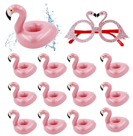 ATBUSS 12 Aufblasbare Flamingo-Getränkehalter Und 1 Stück Brille, Kippsicherer Getränkehalter, Poolparty-Dekoration, Strandparty-Getränkehalter, Sommerparty-Zubehör.