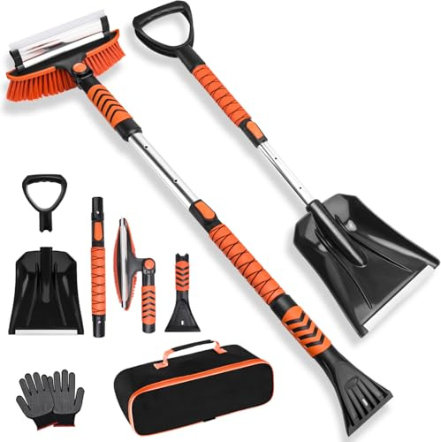 Auto Schneebesen und Schaufel Kit, 106,7 cm ausziehbarer Eiskratzer mit 180° schwenkbarem Kopf & ergonomischem Griff – 99,1 cm zusammenklappbare Notfall-Schneeschaufel für Auto, SUV, LKW