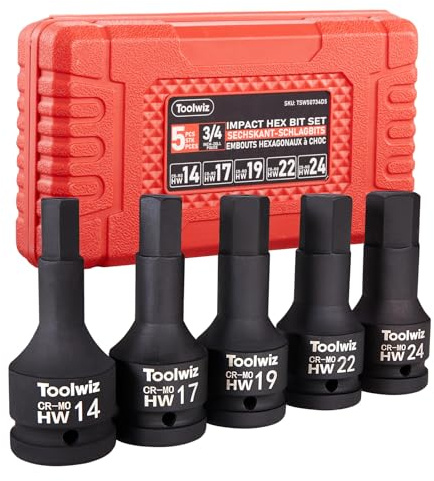 Toolwiz 3/4 Inch Drive Impact Hex Bit Set, 5-Piece Metric 14mm-24mm Cr-Mo | Cr-Mo Steel, One-Piece Construction, Impact Grade, Professional Automotive Impact Bit Socket Set, Heavy Duty PVC Storage Case
