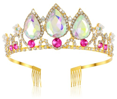 Grevosea Princess Crown, Girls Princess Tiara Multicolored Crystal Crown Headband for Birthday Halloween Cosplay Costume Gold