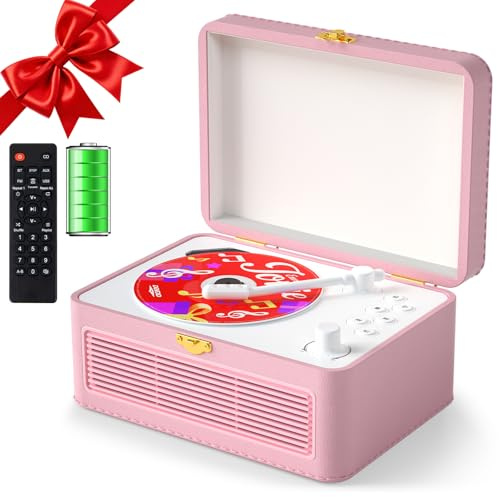 Gueray Portable Leather CD Player with Speakers 3600mAh Rechargeable Bluetooth CD Players for Home Decor, Festival Gift Retro Suitcase Design with Remote Control, Support USB AUX Playback(Pink)