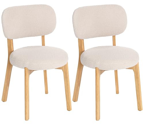 HOMCOM Lot de 2 chaises de Salle à Manger, chaises de Cuisine rembourrées sans accoudoirs, Assise Large, Dossier incurvé et Pieds en Bois d'hévéa, Tissu Effet Laine bouclée, pour Salon, Maison, crème