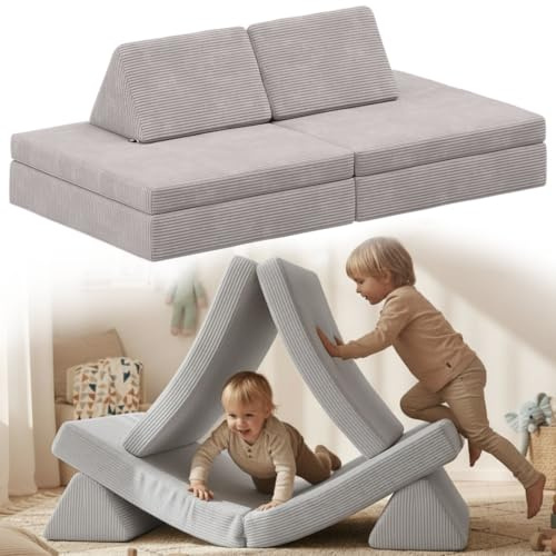 Bellabino Nile Spielsofa Maxi 4-TLG., Grau, Cord, modular, ausklappbar | Kindersofa aus Schaumstoff Bausteinen, waschbarer Bezug, Kindercouch, Spielcouch, Sofa Kinderzimmer, Kuschelecke, Spielmöbel