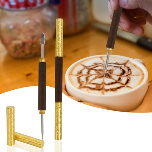 CaLeQi Latte Art Pen - Penna in Acciaio inox e Ottone con Manico in Ebano, Strumenti da Barista per Arte su Latte, Cappuccino, Espresso, Accessori Perfetti per Caffè e Bar, 1 pezzo