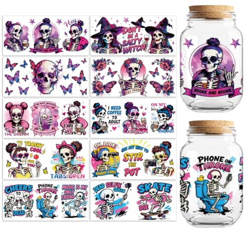 Peacoblue UV DTF Autocollants de Transfert pour Tasses Humorous Skull, 10 Feuilles de Vinyle Personnalisé Imperméable pour Tasses de Café, Isothermes, Bouteilles et Mugs de 16oz