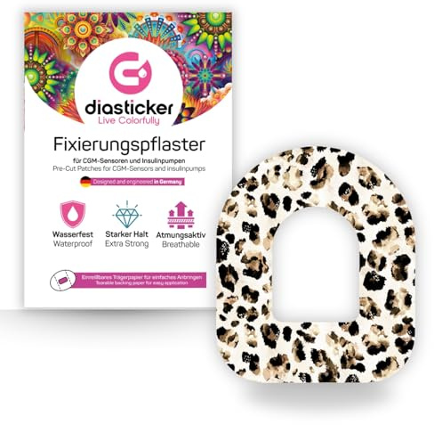 Diasticker | plåster för Omnipod (5 stycken, Cheetah) | vattentät – hudvänlig – andas – starkt grepp | självhäftande fixeringsplåster, pod-fixering