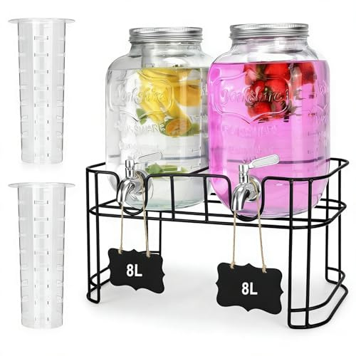 2x8L Getränkespender mit Ständer und Deckel, Limonadenspender mit Zapfhahn | aus Hitzebeständigen Borasilikatglas mit Rostfreiem Wasserhahn, Saftspender Glas für Geeiste Säfte Garten Party Küche