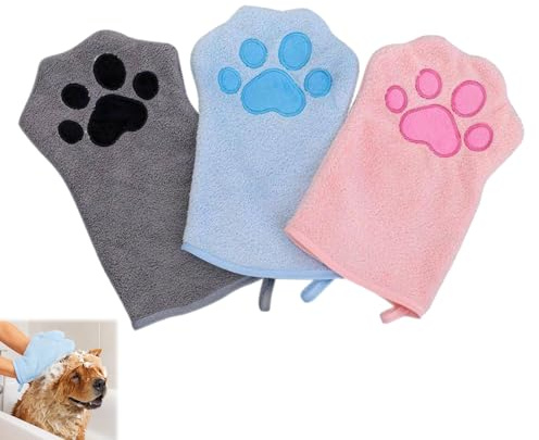 niusility 3Pcs Dog Washing Gloves, Coral Fleece Dog Cleaning Gloves, Cute Cat Paw Glove Towel, Soft Microfibre Pet Towel, Water-Absorbent Pet Drying Mitts, Quick-Drying Absorbent Towels