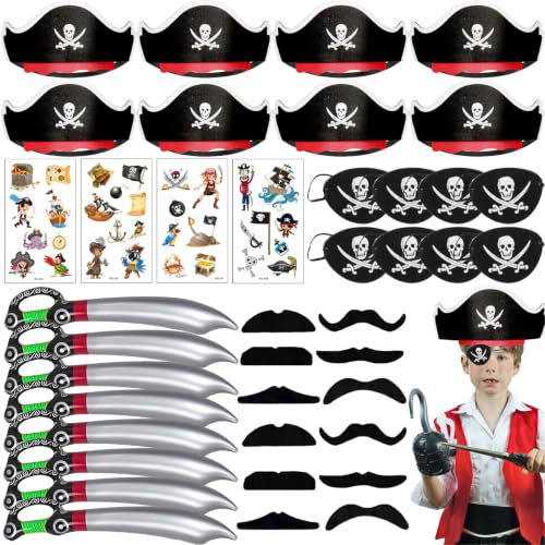 Fuantuda 40 Piezas Pirata Accesorios, Pirata Inflables Juguetes Sombrero PirataParche de Ojo PirataBarba Falsa Etiqueta Piratas, Decoración de Fiesta Piratas Para Carnaval Halloween