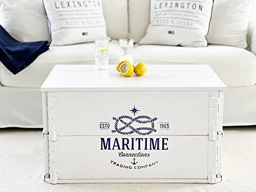 Uncle Joe's Truhe Maritim Couchtisch mit Stauraum, Truhe mit Deckel, Vintage Möbel im Shabby Chic Stil, Weiß, aus Massiv-Holz, Beistelltisch, Landhaus Wohnzimmertisch, 80 x 55 x 44 cm