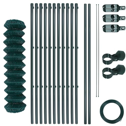 Maschendrahtzaun-Gartenzaun-Set verzinkt und grün beschichtet Maschenweite 6 x 6 cm, Zaunset, Drahtzaun, Maschendraht, Komplettset, Zaun-Set (1,5 x 25 m)