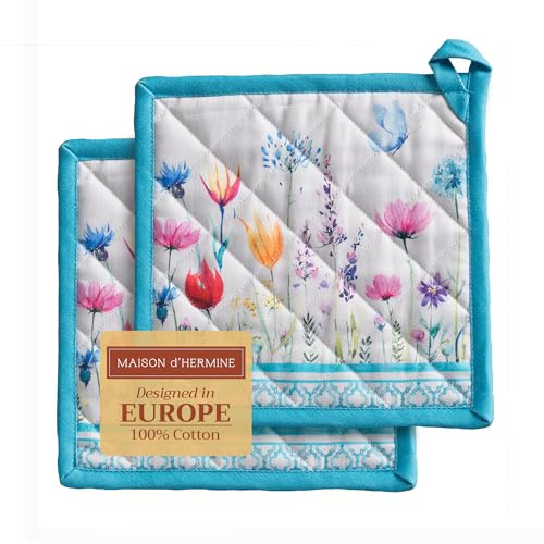 Maison d'Hermine Lot de 2 maniques 100% Coton résistant à la Chaleur, 20 cm x 20 cm, avec Boucle, pour Manipuler Les Plats Chauds et Cuisiner Cadeau Saint Valentin Femme