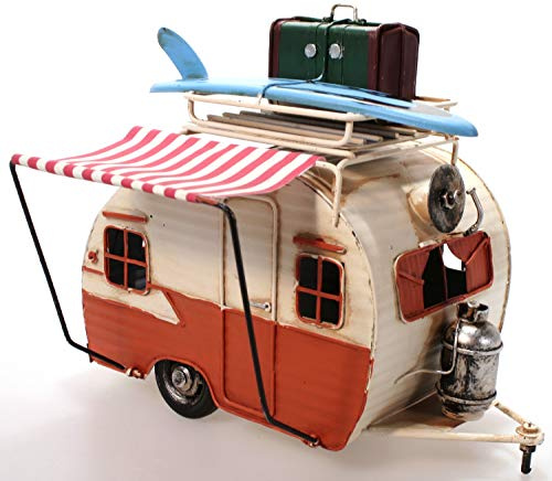 Wohnwagen aus Metall orange mit Rahmen und Spardose Camper Auto Oldtimer Nostalgie