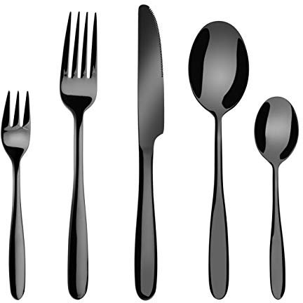 Velaze 20-Piece Black Silverware Set Cutlery Set, Stainless Steel Utensils Service for 4 Person Include Dinner Spoon, Dinner Fork, Dinner Knife, Dessert Fork and Tea Spoon, Mirror Polished Design