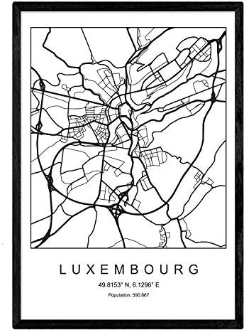 Nacnic Lámina mapa de la ciudad Luxembourg estilo nordico en blanco y negro. Poster tamaño A4 Enmarcado con marco negro Impreso papel 250 gr. Cuadros, láminas y posters para salon y dormitorio