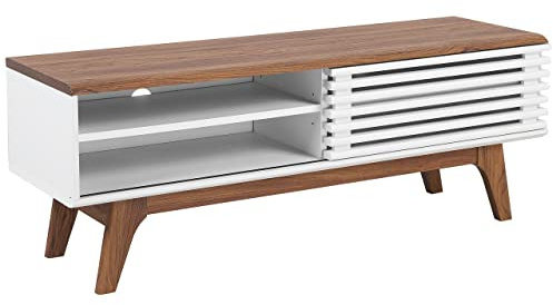 Meuble TV Bois Foncé et Blanc en MDF avec Porte Coulissante 1 Etagère Rétro Toledo II