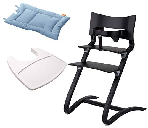 Leander Stuhl schwarz lackiert - Hochstuhl - Kinderstuhl - Erwachsenenstuhl mit Babybügel + Tablett weiß + Kissen dusty blue