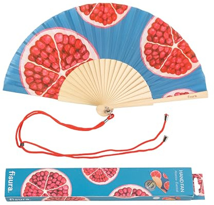 Fisura - Pattern original handheld folding fan. wooden fan. Original holding Hand Fans. Birthday Gifts Wedding Party Decoration. Fan with hanger included (Pomegranate, blue)