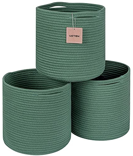 voten Storage Cubes Baskets Bins Organizer 11x11x11'' Fit 12x12''Cube Storage Organizer Bookcases Shelf,Durable Woven Cotton Storage Basket for Organizing,Round 3Pack Green
