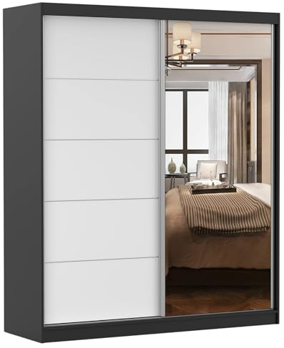 Kleiderschrank mit Spiegelfront & Schiebetüren 183cm breit - Schwarz Weiß - platzsparend & geräumige Fachaufteilung mit Kleiderstange - moderner Stauraum für Schlafzimmer Ankleidezimmer