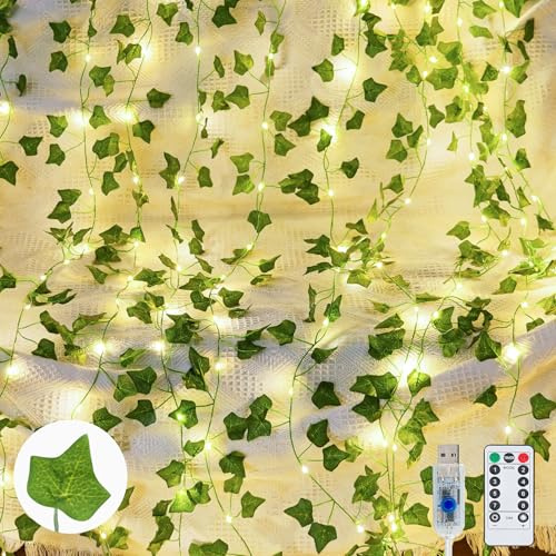 KASZOO 10 Stück Efeu Lichterkette – Efeu Vorhang Lichterkette 2×2 m mit 200 LEDs Warmweiß, 8 Modi, USB & Batteriebetrieben mit Timer, Efeu künstlich Girlande Deko für Hochzeit, Zimmer, Balkon