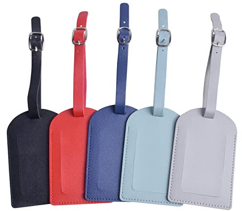5 Stück Kofferanhänger mit Adressschild, Gepäckanhänger aus Kunstleder, Adressanhänger Namensschild Reise Koffer Tags ID Etikett für Reisender Geschäftsmann Herren Damen, 5 Farben