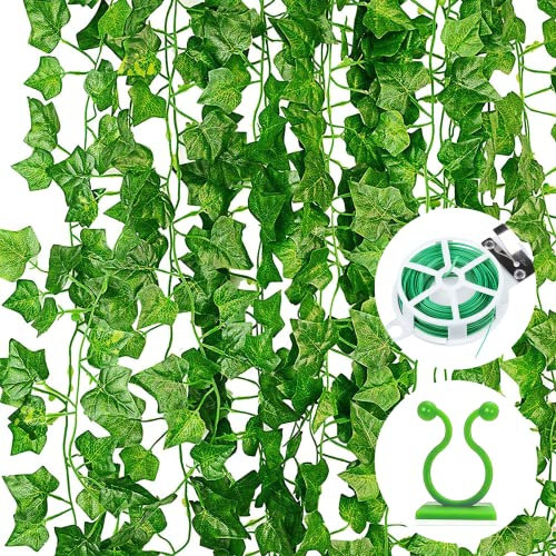 Ivy Artificial Garland Pack of 12 Green Fake Ivy Plants Ivy Vine for Garden Wedding Party Wall Decoration (2.2 m, with 12 Pieces Plant Clips, 30 m Cable Ties)