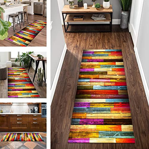 Küchenläufer Teppich Läufer Flur rutschfest, Korridor Teppichläufer Waschbar 80X350CM Modern Bunt Holzmaserung Läufer Tepiche Flur Küche Schlafzimmer Wohnzimmer Meterware Anpassbar Breite 40-120cm