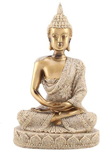 Hapivida Buddha Statue Home Decor, 4.3inch Sandstone Resin Bodhisattva Statues Small Fengshui Sandstone Buddha Statues Meditating Seated Carving Figurine Craft(Gold)