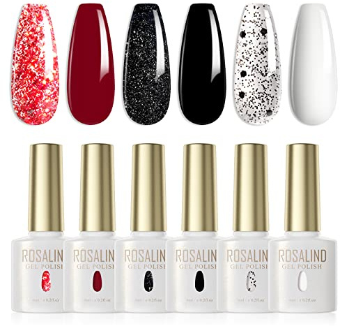 ROSALIND UV Nagellack 6 Farben Weiß Schwarz Rot Glitter Glitter Schwarz Gel Nagellack Set Soak Off UV LED Gel Nail Polish Für Lampe Set Valentinstag
