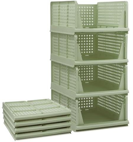 Set of 4 Stackable Foldable Wardrobe Storage Box Organizer (Easy Open and Folding), Plastic Wardrobe Shelves Closet Organiser Box, Pull Out Like a Drawer, Suitable for Home, Bedroom, Kitchen