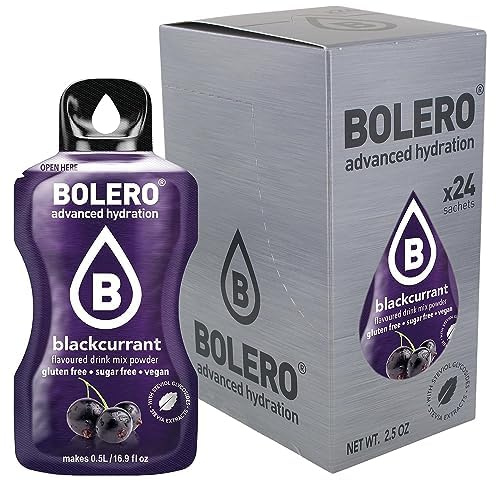 Boléro BLACKCURRANT 24x3g | Jus en poudre sans sucre, édulcoré à la stévia + vitamine C | pour enfants et sportifs | sans gluten, végétalien | goût cassis