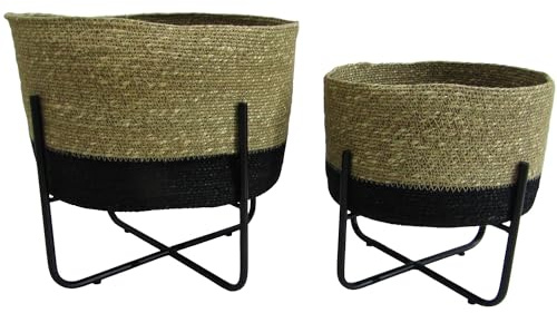 Set de 2 maceteros con pie de Mimbre y Metal en Natural y Negro 30x30x33 y 24x24x25cm