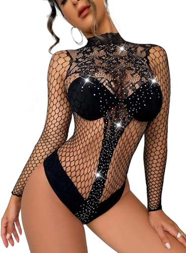 Rayson Damunderkläder nätstrumpor långärmad spets med krok nattkläder bodystockings gnistrande underkläder, Spetstopp, One Size