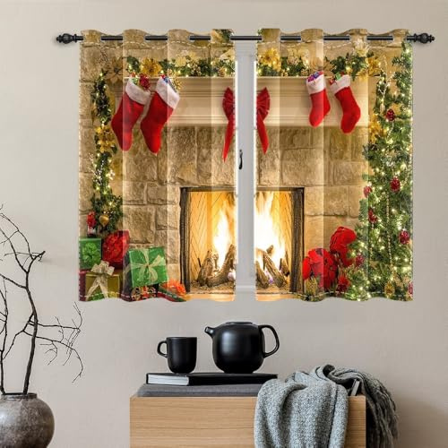 DORCEV Weihnachts-Küchenvorhänge, warmer Kamin, rot, Weihnachtsstrumpf, Geschenke, Fenstervorhänge für Wohnzimmer, Schlafzimmer, Dekoration, Brennholz, Glitzer, Weihnachtsbaum, Verdunkelung, 53,3 x