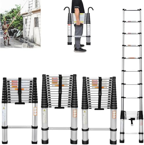 Telescopic Extension Ladder 12.5FT Multi-Purpose Foldable Step with Anti-Slip Aluminum Frame, Lightweight and Collapsible for Outdoor Indoor Work - 330lb Capacity