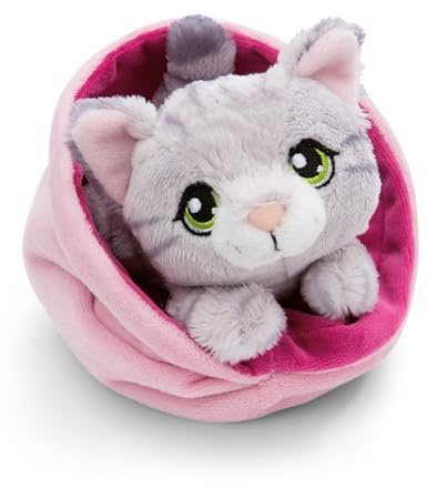 NICI Little Paws Doudou Chat 12 cm Gris tigré dans Un Panier Rose - Peluche Moelleuse, Animal en Peluche pour câliner, Jouer et Aimer - 61331