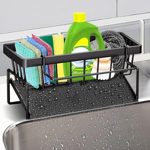 Gelanty Spülbecken Organizer,Küchen Organizer Schwarz,Schwammhalter Spülbecken mit Selbstentleerender Ablaufwanne,Spüllappenhalter Küchenutensilien für Küche,Badezimmer Organizer für Bürsten Schwamm