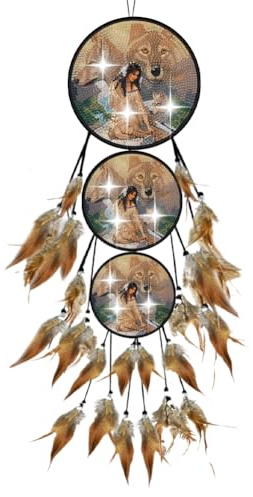 Generisch 5D Diamant Malerei Traumfänger Ornament, Wolf Feder DIY Diamond Painting Anhänger Hängenden Windspiel Kit für Erwachsene Diamant Kunst Traumfänger Handwerk für Fenster Wanddekoration