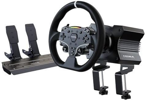 MOZA R5 Wheel and Pedals Kit Racing Simulator 5.5Nm Direct Drive Wheelbase,Unbeatable Rigid & Durable 11-Inch ES Racing Wheel SR-P Lite Dual Pedal and Desk Clamp All-in-One