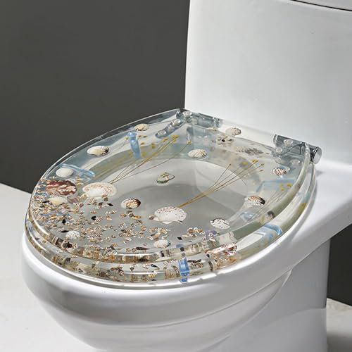 Giural H,Abattant WC, Siège de Toilette avec Frein de Chute et Charnières en Acier Inoxydable, Lunette WC Rond, Lunette de Toilette en Résine, Ocean Series Effet 3D, Vrais Coquillages et Gravier