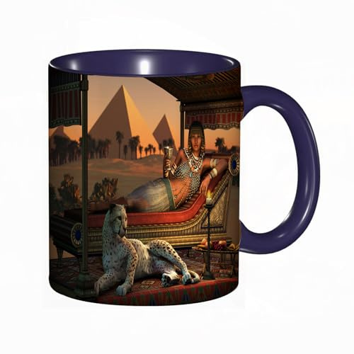 EKLMPS Tazas de Café,Taza de Cerámica para Té y Café,330ml/11oz,Regalos original,Aniversarios,nupical,desayuno,Románticos,Leopardo de Egipto La antigua dama egipcia del sexo y un guepardo domesticado