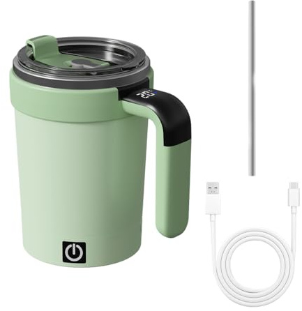 MiOYOOW Self Stirring Coffee Mug, Detachable Magnetic Electric Self Mixing Cup with Lid & Straw, Temperature Display, 380ML Stainless Steel Coffee Mixer for Home Travel Office