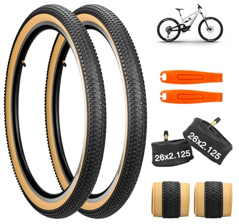 GRELiving Juego de 2 Cubiertas Plegables para MTB 24/26/27.5x2.125 + 2 Cámaras de Aire AV48mm para Bicicletas de Montaña y Carrera 30TPI (26x2.125 Set)