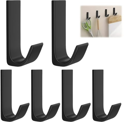 6 Pièces Crochets Muraux en Aluminium Autocollants, 6.2×2×1.7cm Crochet Adhesif Mural, Supporte Jusqu'à 20 KG, Rust-proof Crochet Mural Sans Percer, pour Salle de Bain Cuisine Bureau (Noir)