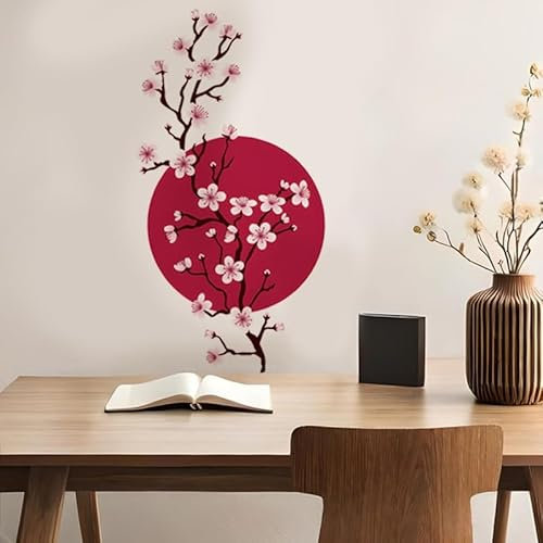Sticker mural motif fleurs de cerisier japonais, soleil rouge avec fleurs roses, 56,1 x 27,3 cm, décoration murale