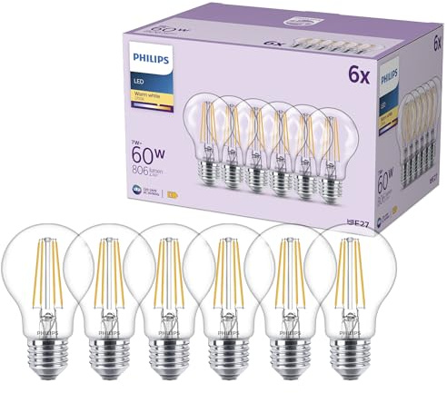 Philips Ampoules LED classiques A60, 60 W, Verre transparent, Culot E27, Blanc chaud 2700 K, Pack de 6